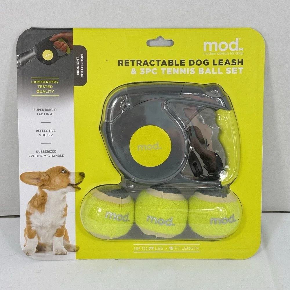 Retractable Dog 15 Ft Leash & 3PC Tennis Ball Set Midnight Collection RL0001-YEA
